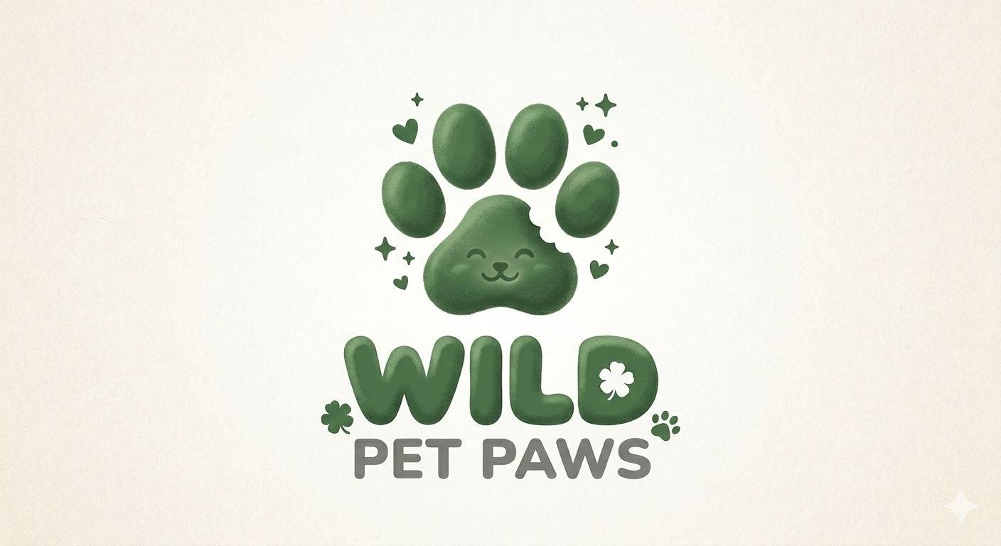 Logo of Wild Pet Paws with a green paw print on a beige background